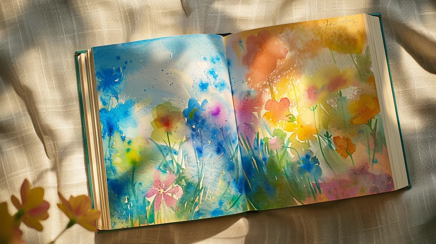 Livre illustré ouvert sur une double page aquarelle florale